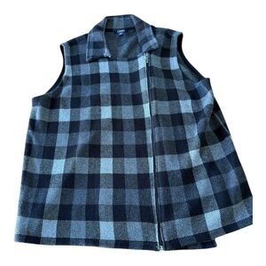 Chaps Black Plaid Zip-Up Vest Size 3X Adjustable Offset Design